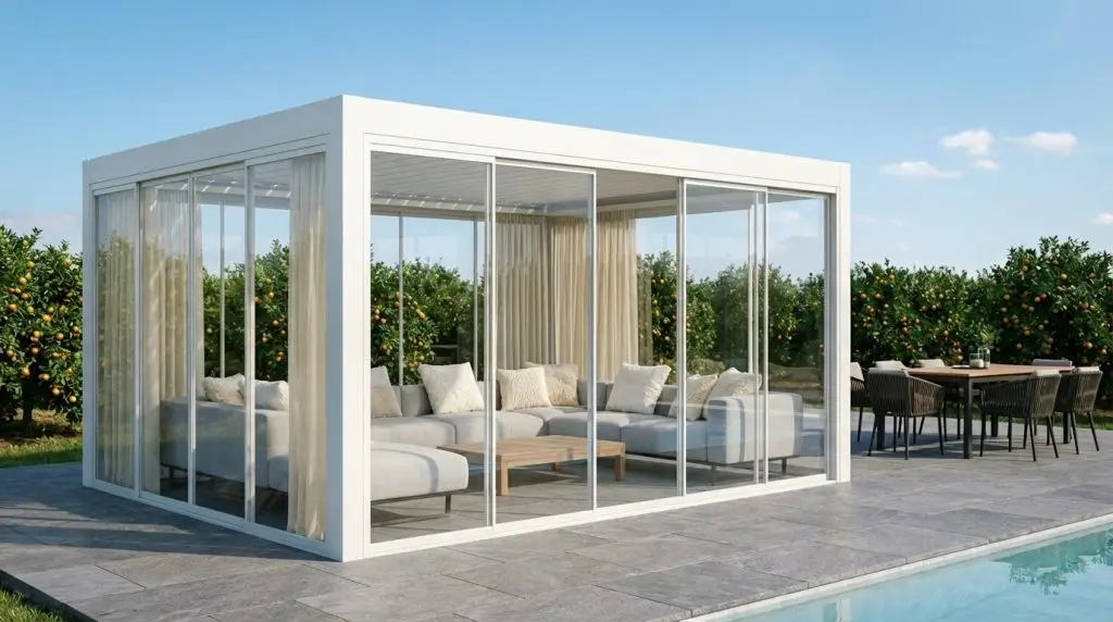 Pergola bioclimatica bianca con vetrate scorrevoli impacchettabili in giardino mediterraneo con piscina