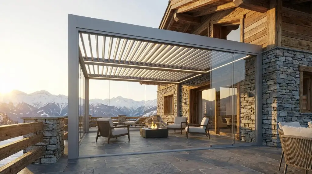 Pergola bioclimatica greige con lamelle LED e vetrate scorrevoli su terrazza chalet alpino lusso