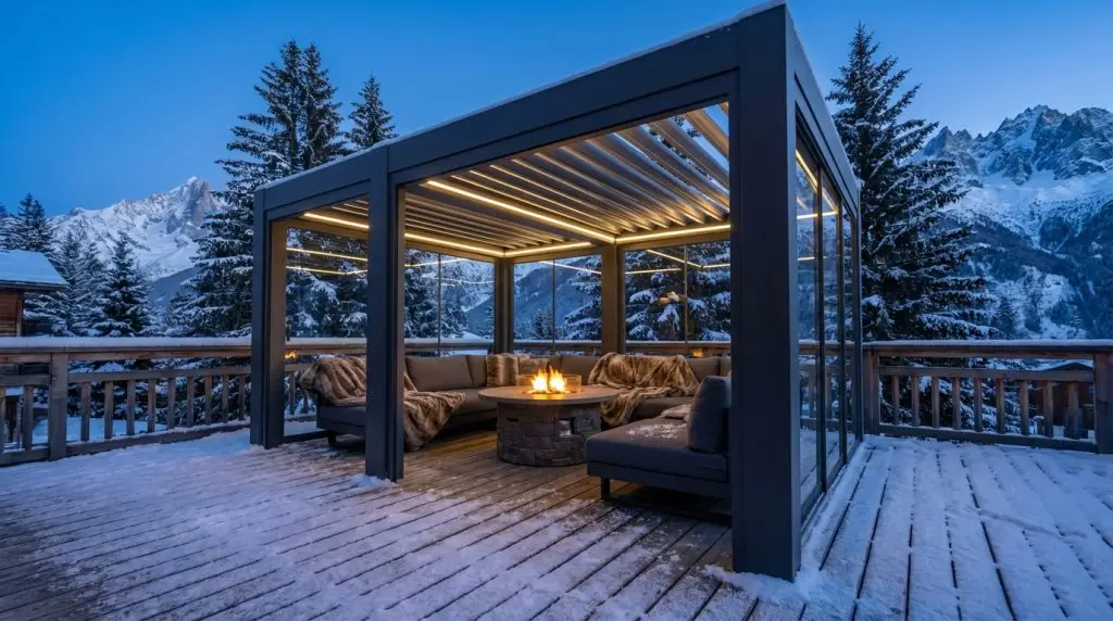 Pergola bioclimatica antracite con vetrate scorrevoli e LED su terrazza chalet alpino innevato Trentino Alto Adige