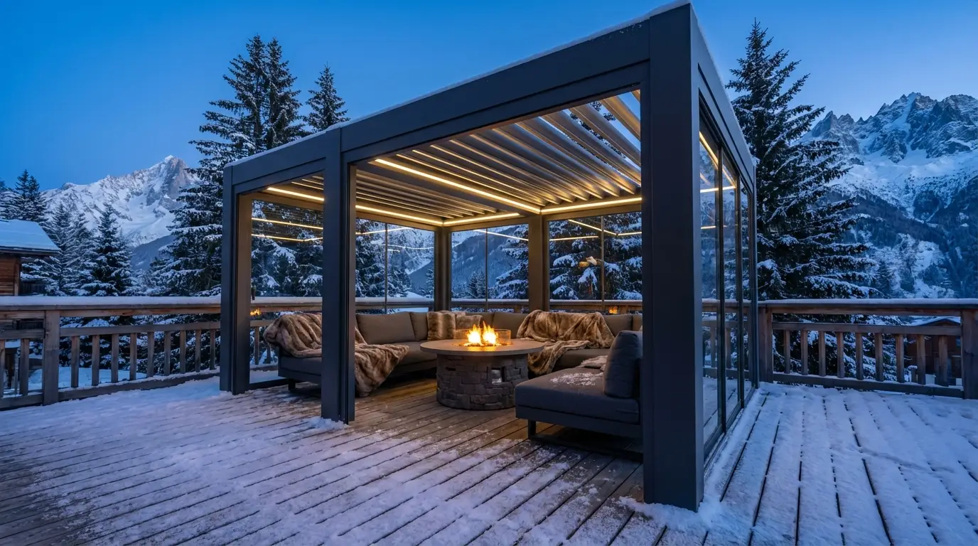 Pergola bioclimatica antracite con vetrate scorrevoli e LED su terrazza chalet alpino innevato Trentino Alto Adige