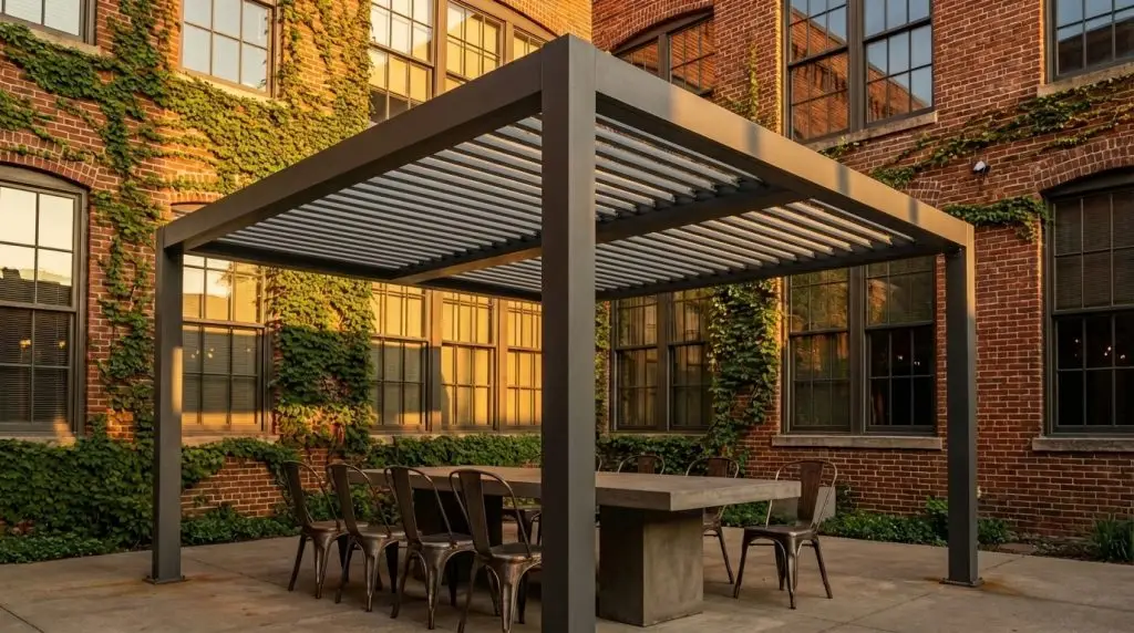 Pergola bioclimatica antracite con lamelle orientabili in cortile industriale urbano al tramonto