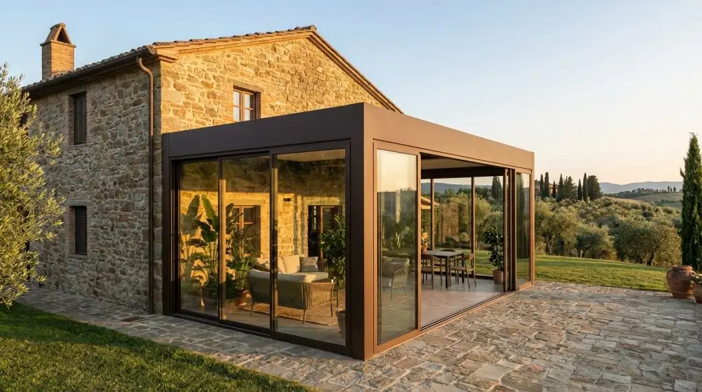 Veranda in alluminio bronzo con vetrate scorrevoli addossata a casale toscano in pietra al tramonto