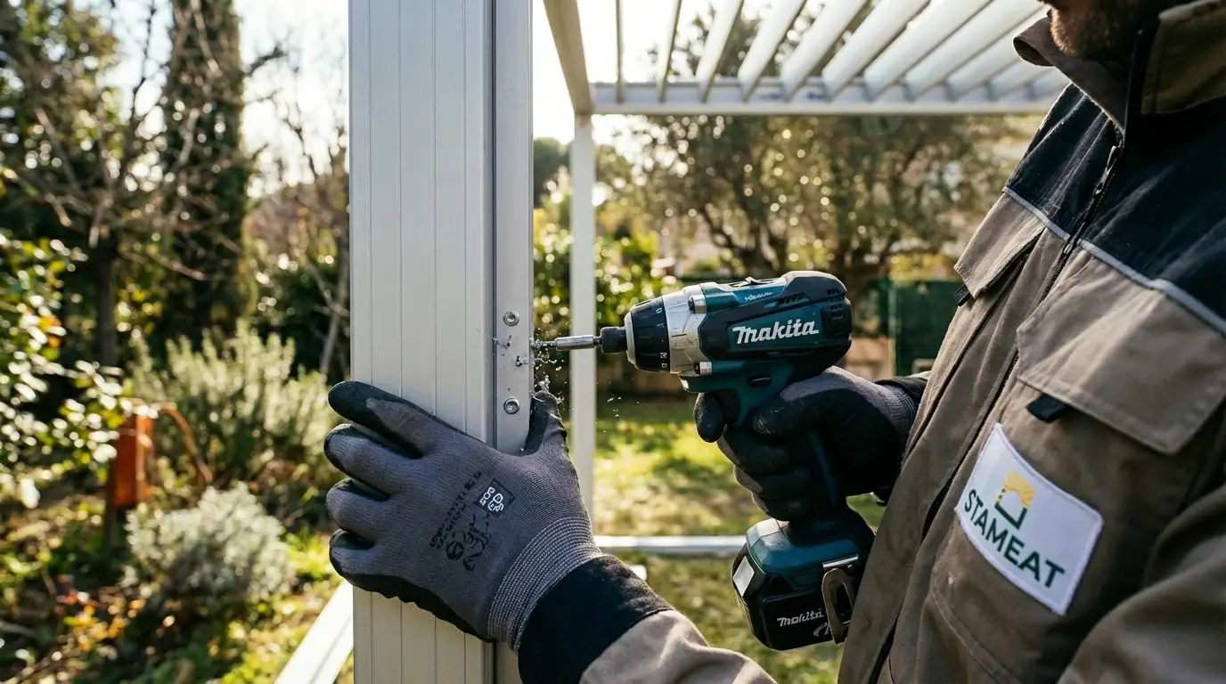Installatore fissa con avvitatore il montante in alluminio antracite di una pergola bioclimatica