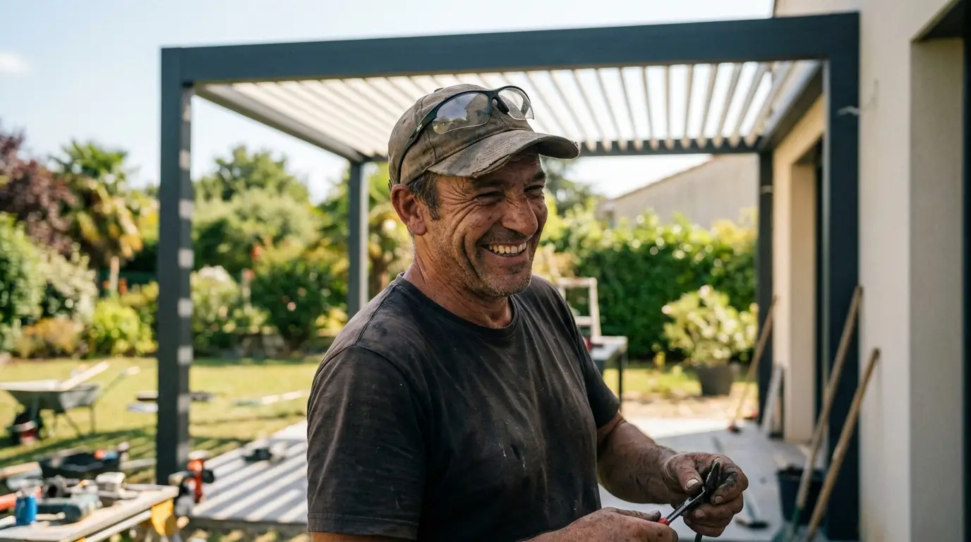 Tecnico installatore sorridente davanti a una pergola bioclimatica appena montata in giardino