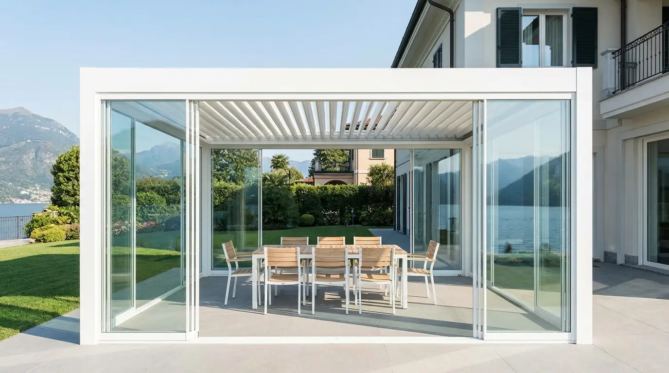Pergola bioclimatica in alluminio bianco con vetrate scorrevoli su villa lago di Como