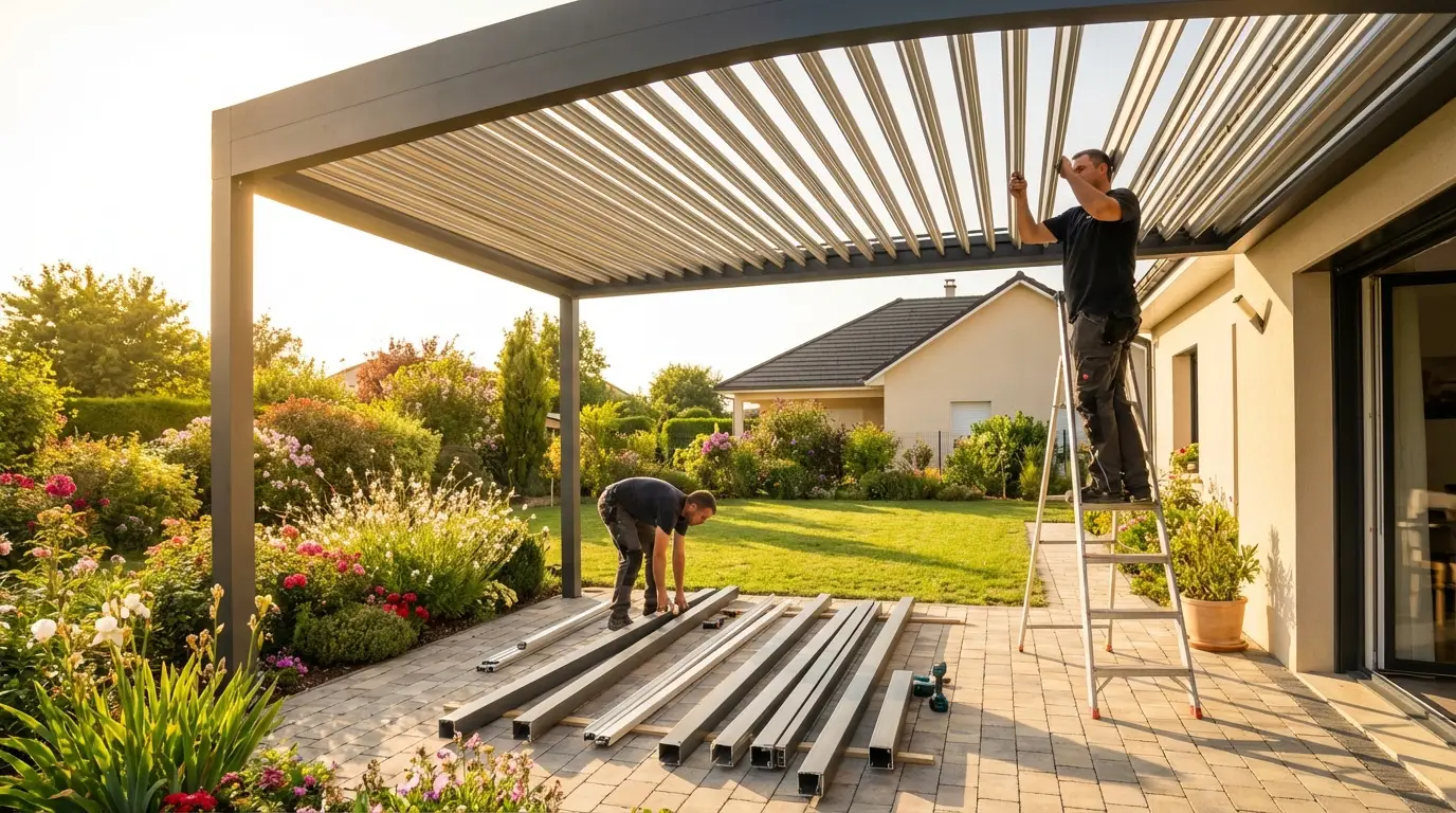 Installazione pergola bioclimatica in alluminio antracite con lamelle orientabili in giardino residenziale