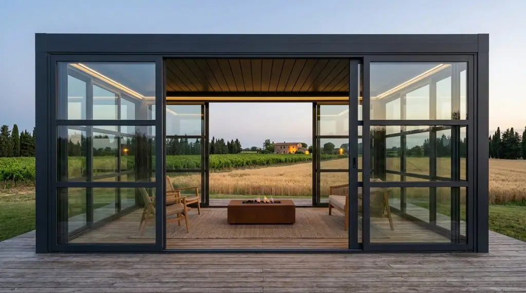 Pergola Bioclimatica Bioeclisse in alluminio antracite con vetrate scorrevoli su terrazza di agriturismo con vigneto