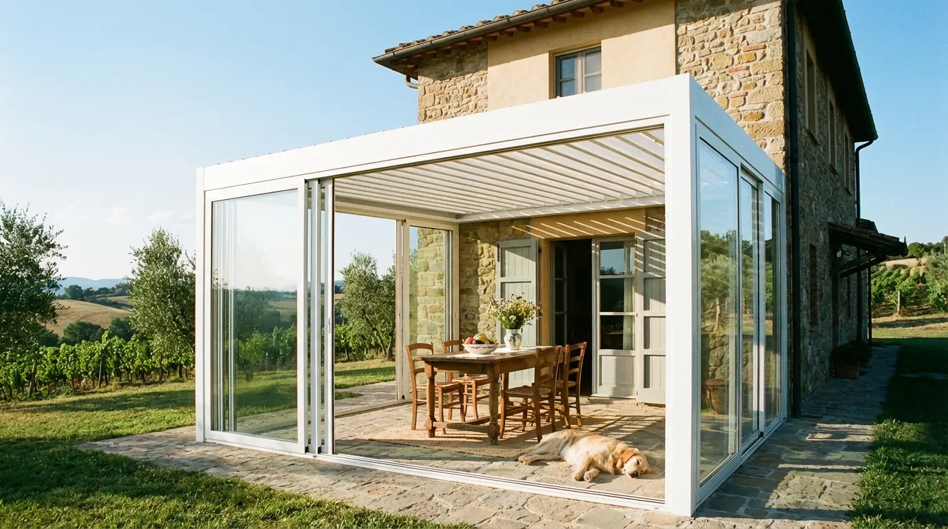 Vantaggi per la Pergola Bioclimatica in alluminio bianco con vetrate scorrevoli addossata a casale rurale in pietra tra vigneti