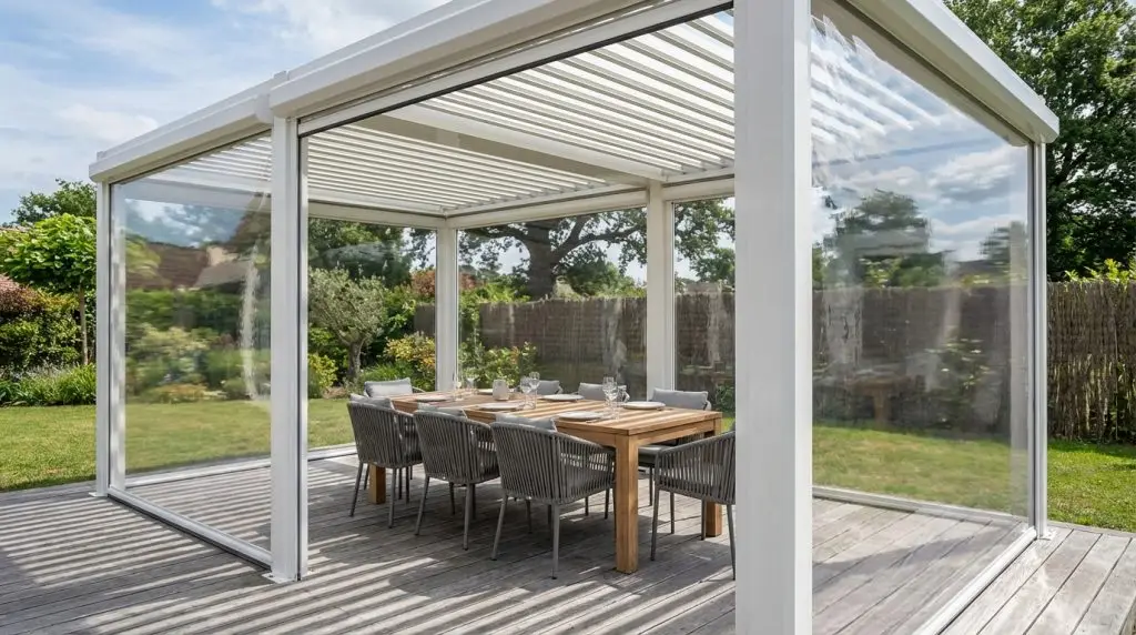 Pergola bioclimatica Bioeclisse in alluminio bianco con tende a caduta zip cristal ed area pranzo in giardino