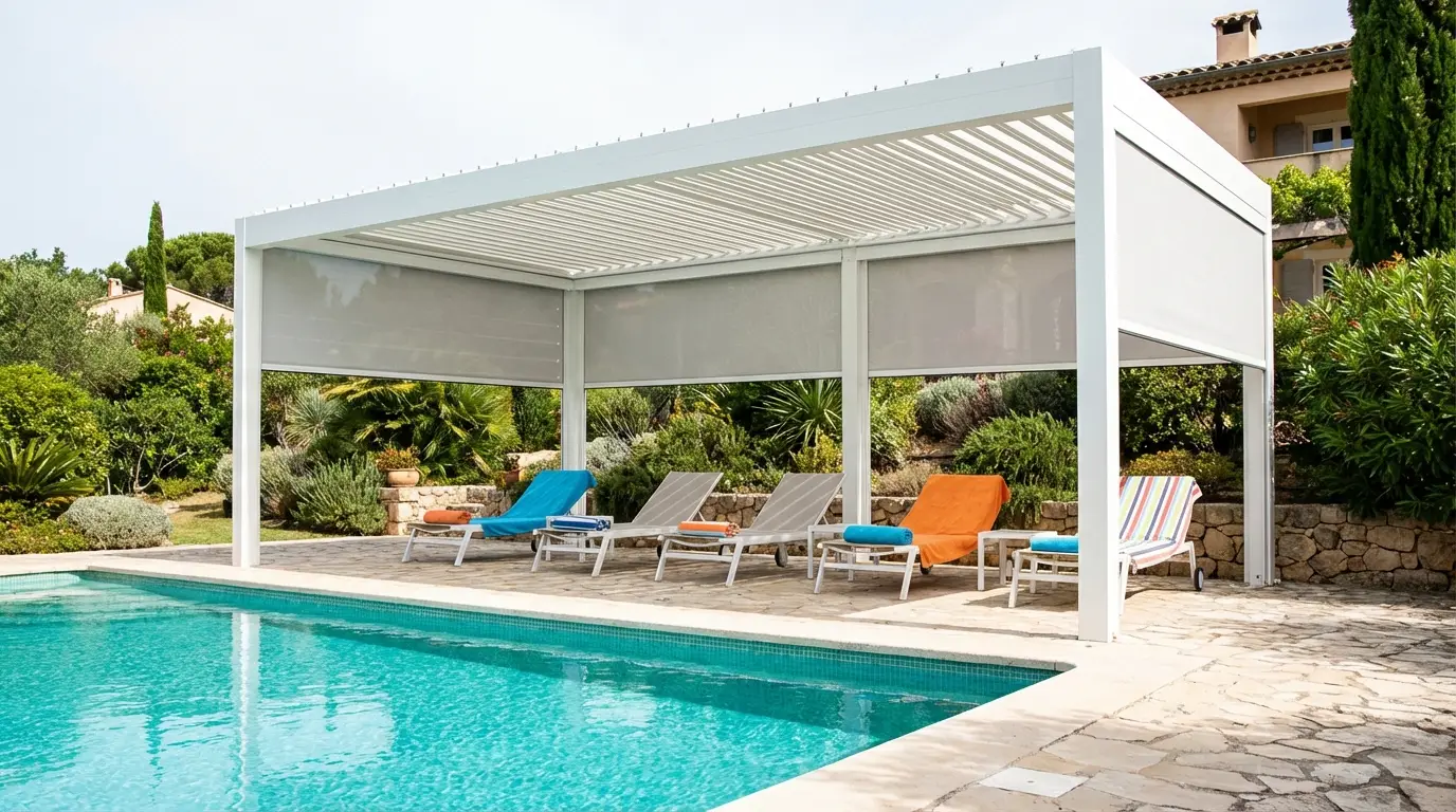 Edilizia libera installazione Pergola bioclimatica in alluminio bianco con lamelle e tende screen a bordo piscina