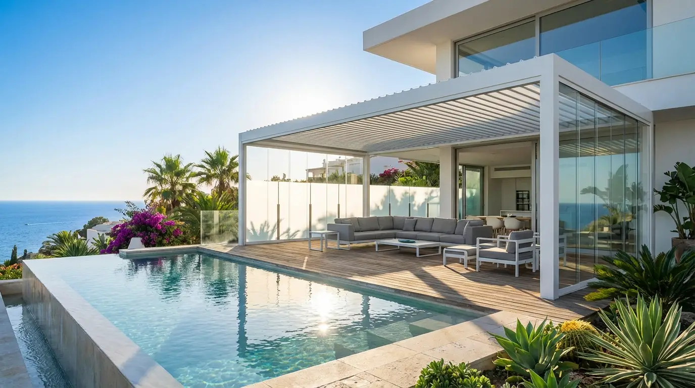 Quale vantaggio e svantaggi per la Pergola bioclimatica bianca con vetrate laterali su terrazza con piscina a sfioro vista mare
