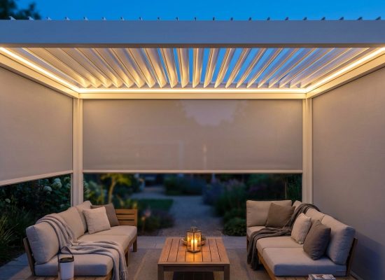 Vantaggi e svantaggi Pergola bioclimatica bianca con tende a rullo e LED integrati in giardino al tramonto