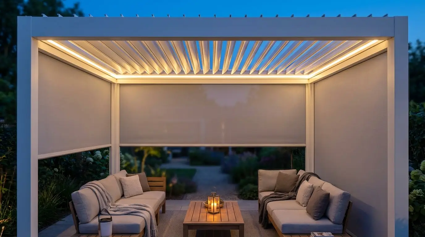 Vantaggi e svantaggi Pergola bioclimatica bianca con tende a rullo e LED integrati in giardino al tramonto