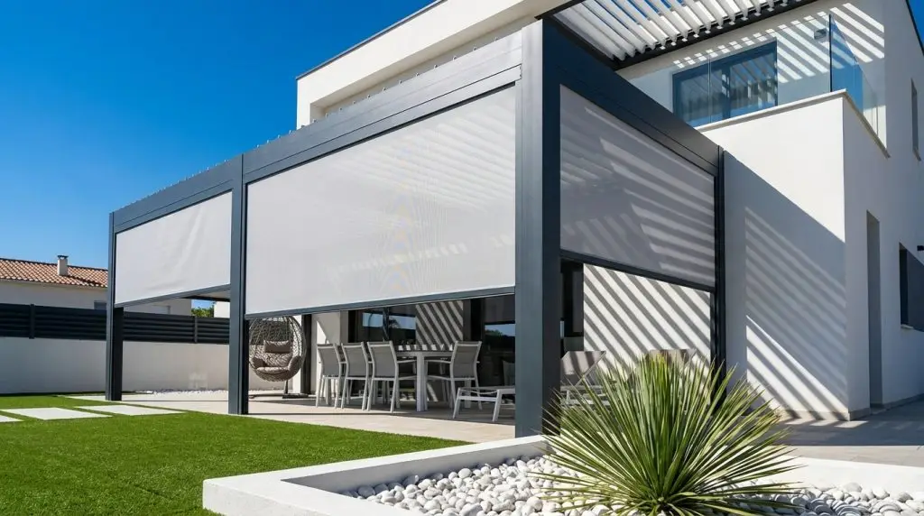 Pergola bioclimatica addossata con tende a rullo screen e zona pranzo per villa moderna