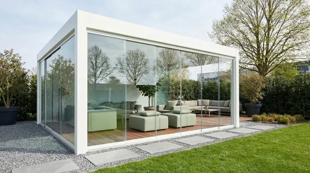 Pergola bioclimatica autoportante in alluminio bianco con vetrate scorrevoli frameless in giardino privato