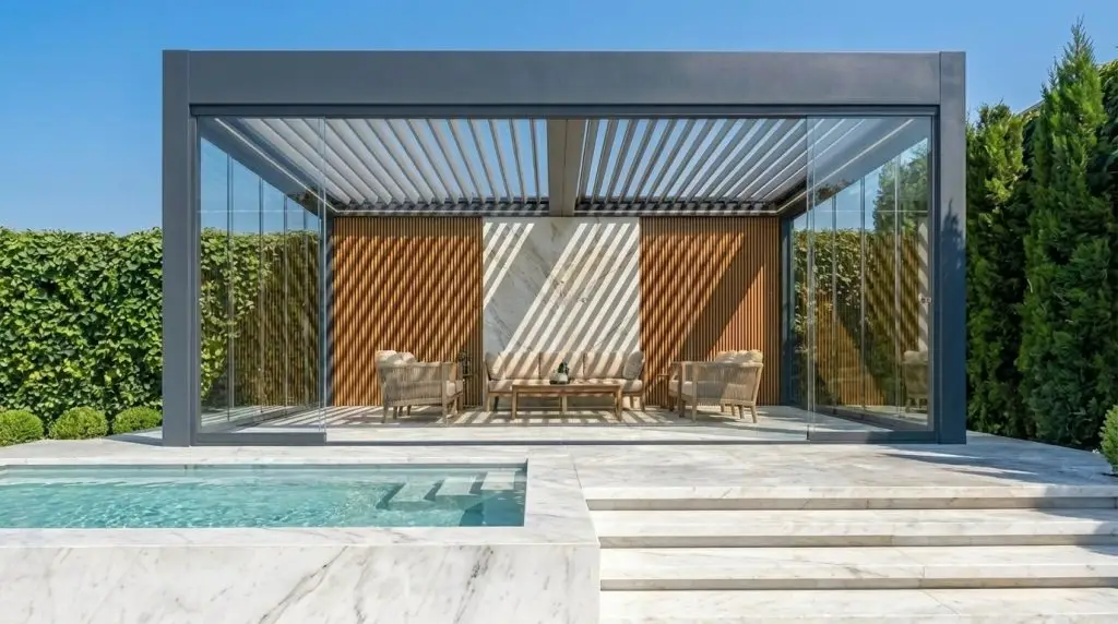 Pergola bioclimatica luxury con vetrate scorrevoli e salotto outdoor a bordo piscina