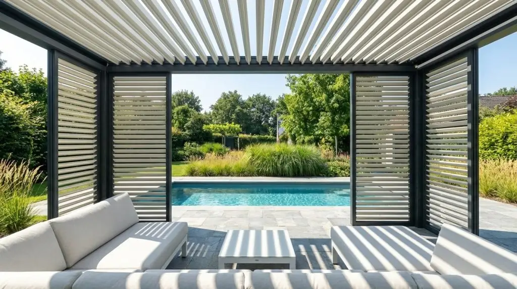 Pergola bioclimatica con frangisole laterali e lounge bianco affacciato sulla piscina