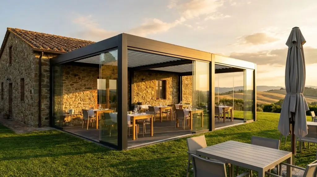 Pergola bioclimatica vetrata addossata a casale in pietra con sala ristorante per agriturismo