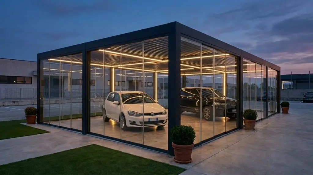 Pergola Bioclimatica Carport vetrato luxury con illuminazione LED per showroom auto in piazzale aziendale