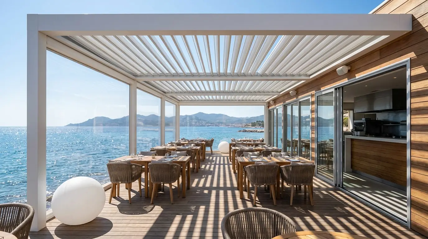 Pergola bioclimatica addossata con lamelle orientabili su dehors ristorante fronte mare