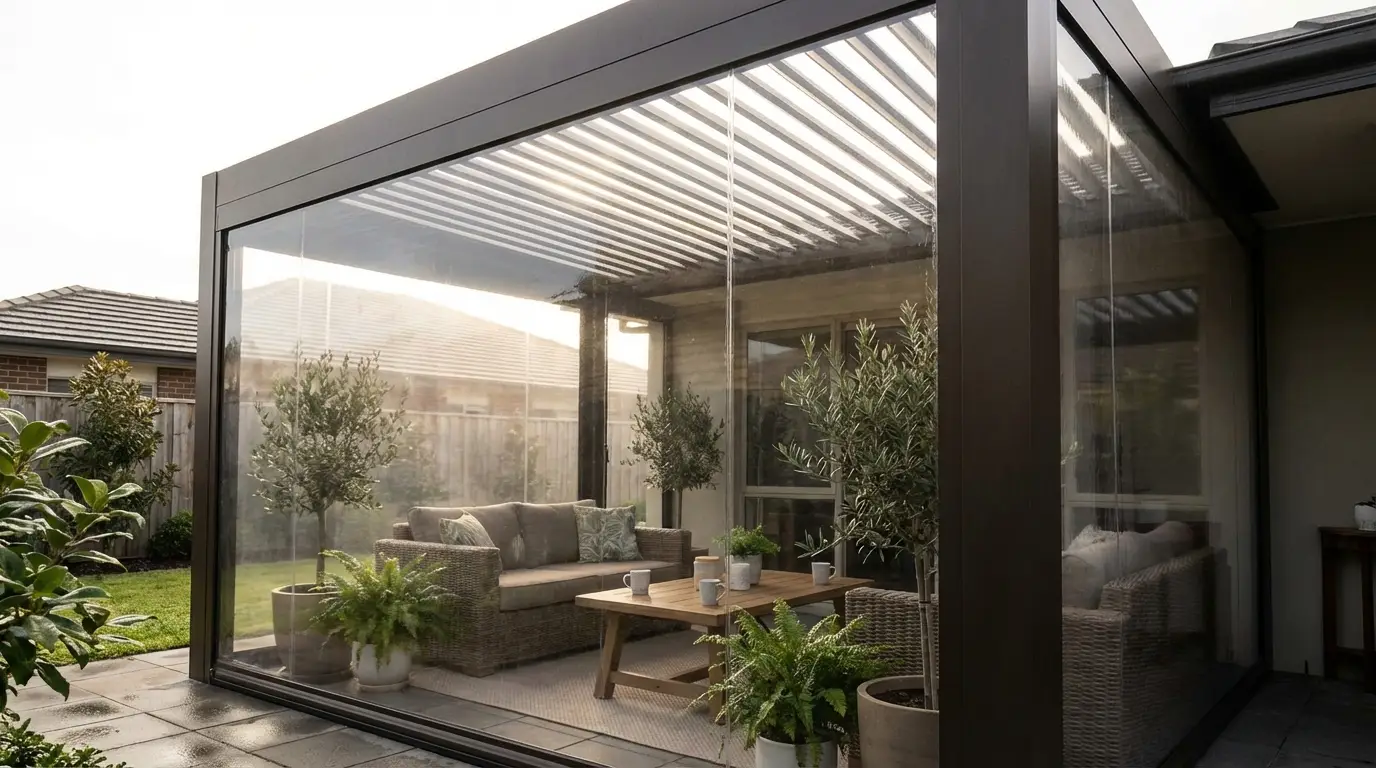 Guida enea detrazione Pergola bioclimatica addossata marrone con tende ermetiche zip e zona relax in patio