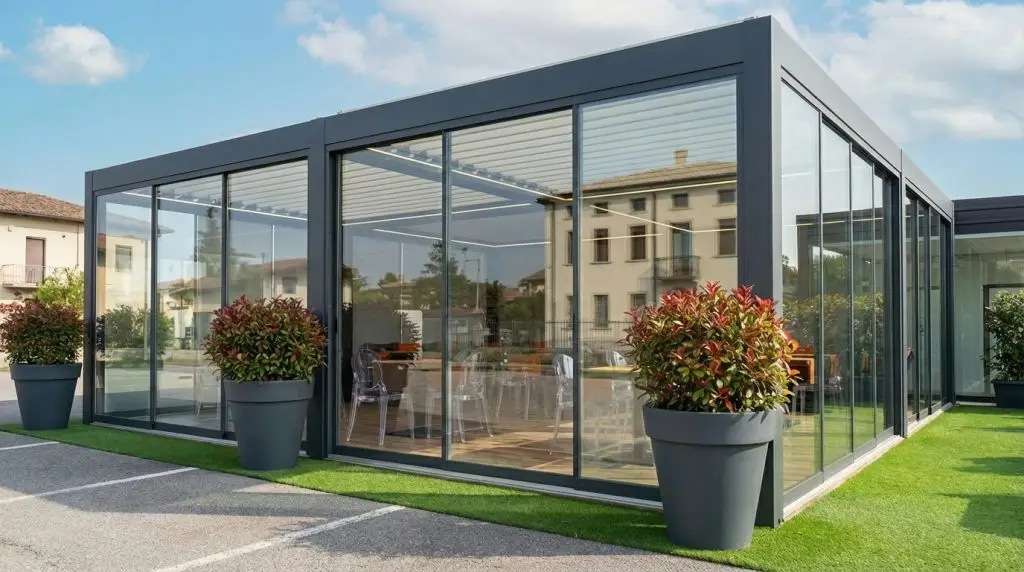 Pergola bioclimatica vetrata in alluminio antracite con tavolo conviviale e decking in legno